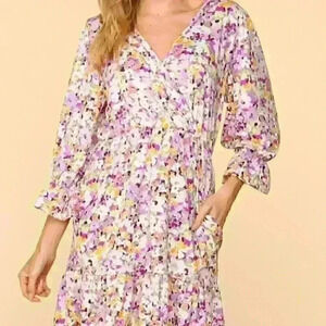 Purple and Yellow V-Neck Mini Sundress with Bishop Sleeves